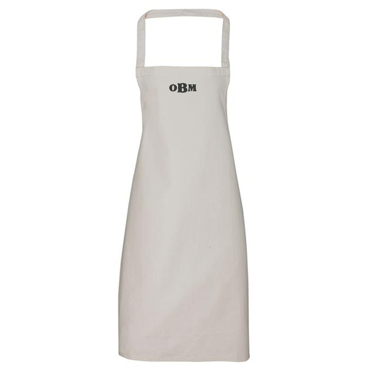 White apron with 'OBM' logo on a white background