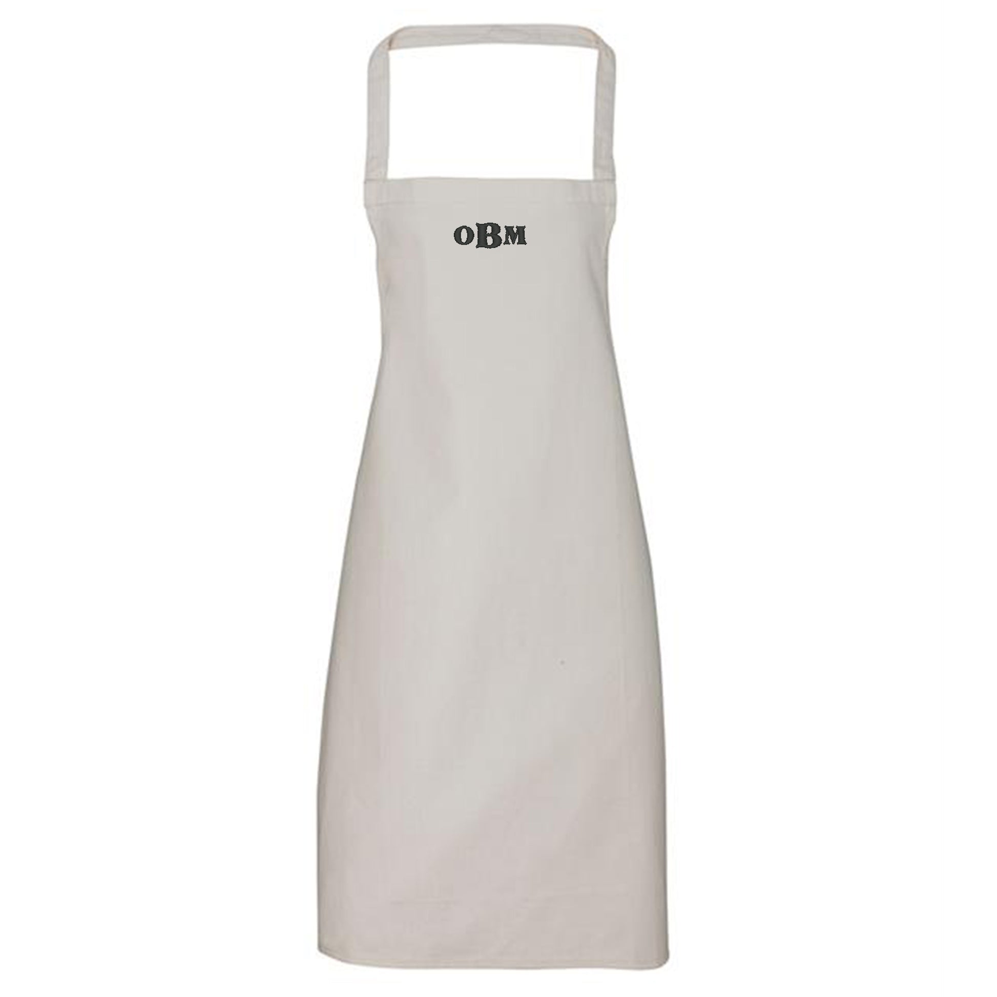 White apron with 'OBM' logo on a white background