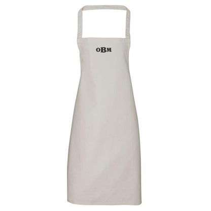 White apron with 'OBM' logo on a white background