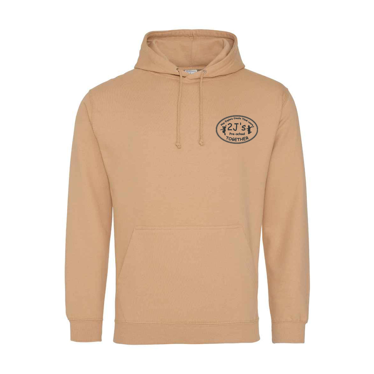 A tan pullover hoodie with a drawstring hood and kangaroo pocket, featuring a logo