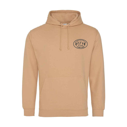 A tan pullover hoodie with a drawstring hood and kangaroo pocket, featuring a logo