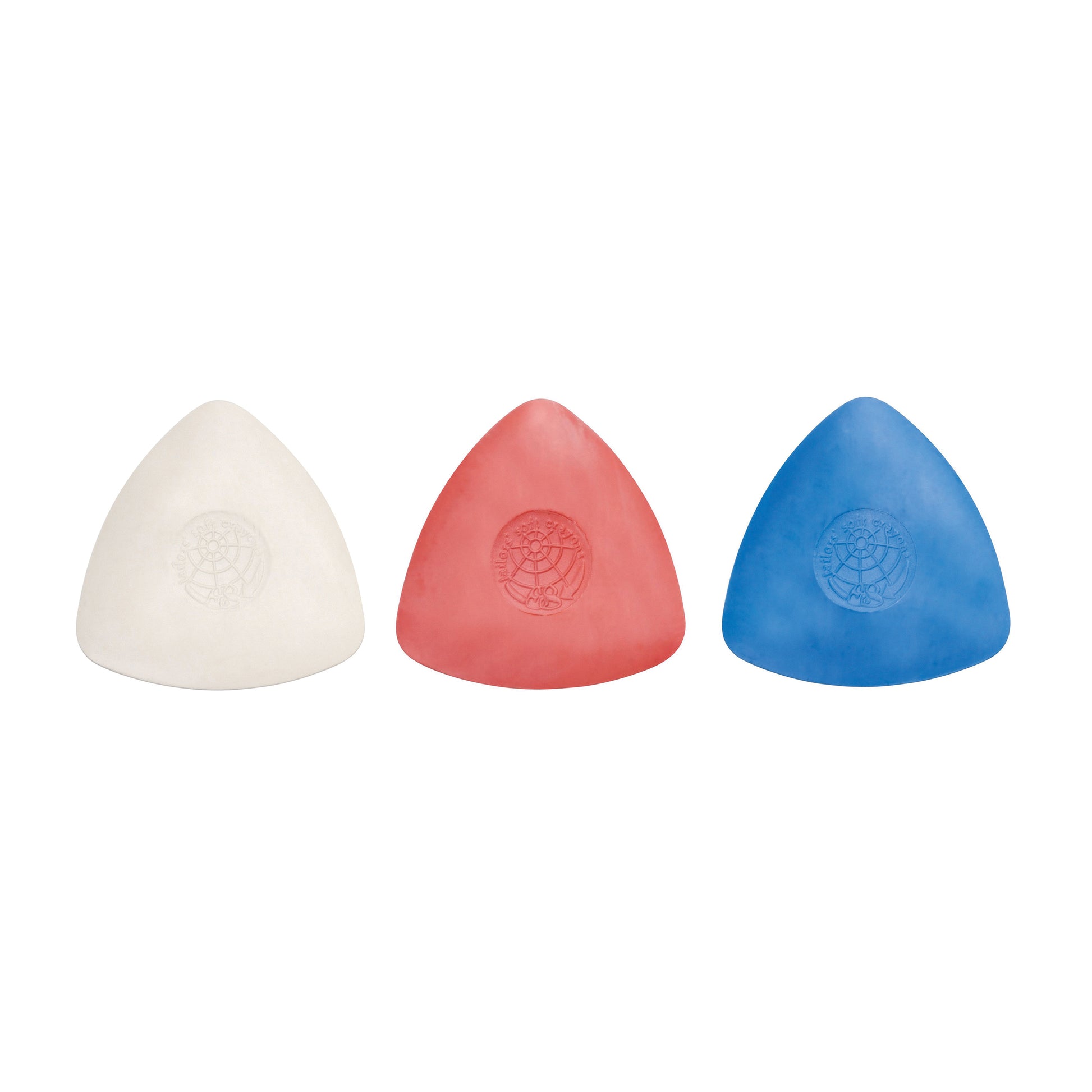 Three triangular chalks in white, red, and blue on a white background