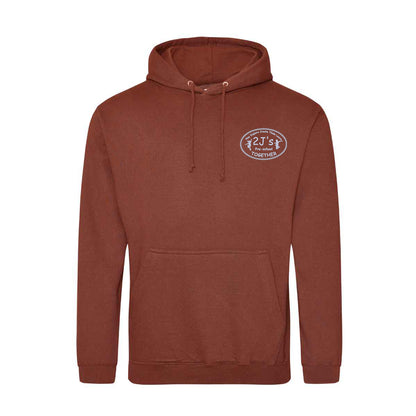 A rust-brown pullover hoodie with a drawstring hood and kangaroo pocket, featuring a white logo