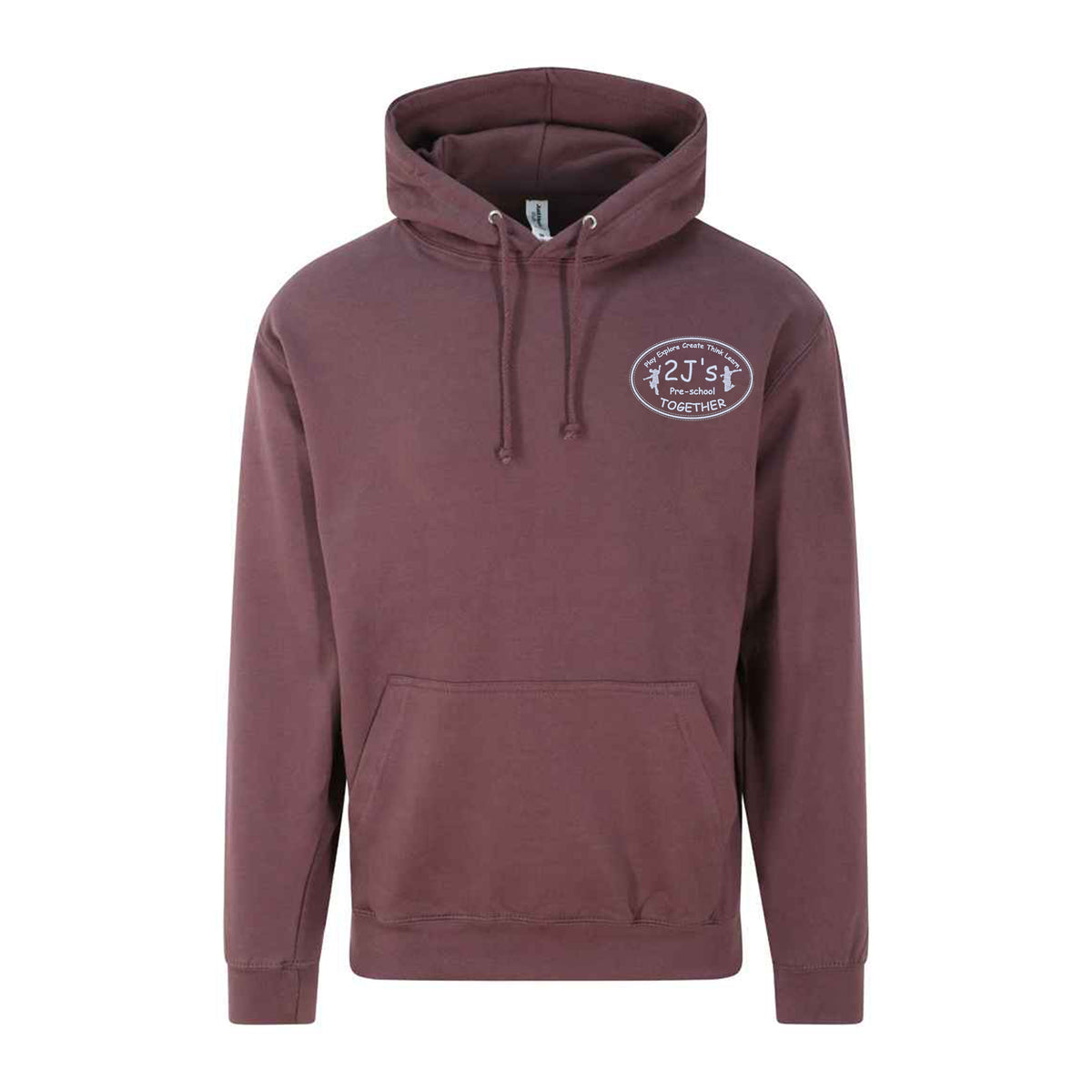 A maroon pullover hoodie with a drawstring hood, kangaroo pocket, and a logo