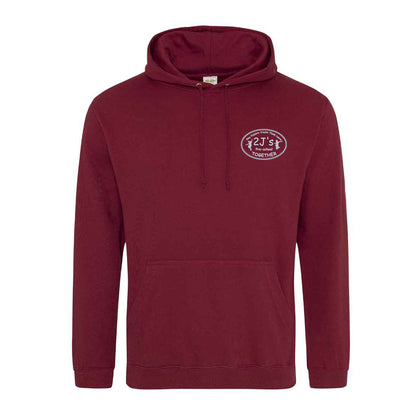 A maroon pullover hoodie with a drawstring hood and kangaroo pocket, featuring a logo