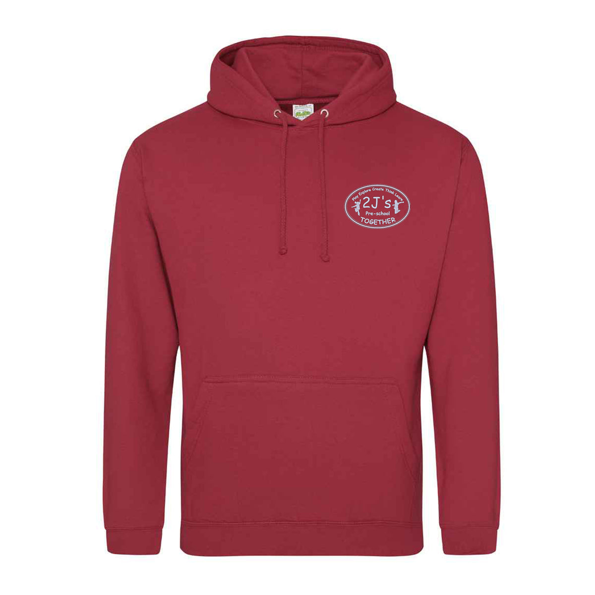 A red pullover hoodie with a drawstring hood and kangaroo pocket, featuring a white logo