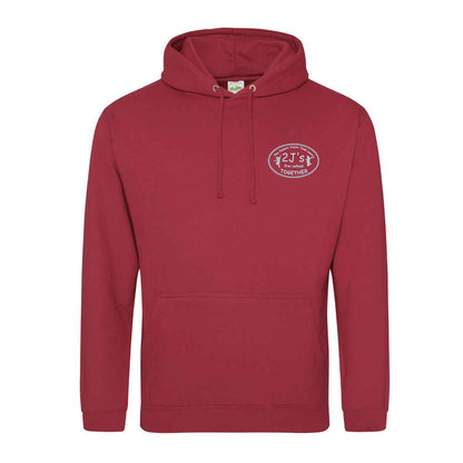 A red pullover hoodie with a drawstring hood and kangaroo pocket, featuring a white logo