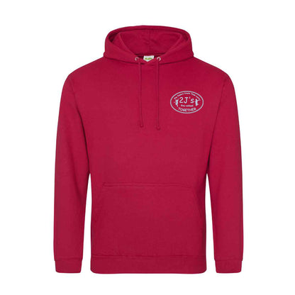 A red pullover hoodie with a drawstring hood and kangaroo pocket, featuring a white logo