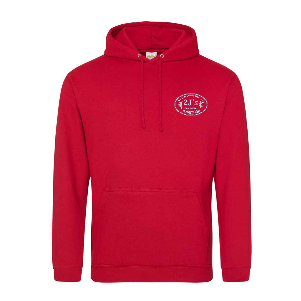 A red pullover hoodie with a drawstring hood and a front kangaroo pocket, featuring a white logo
