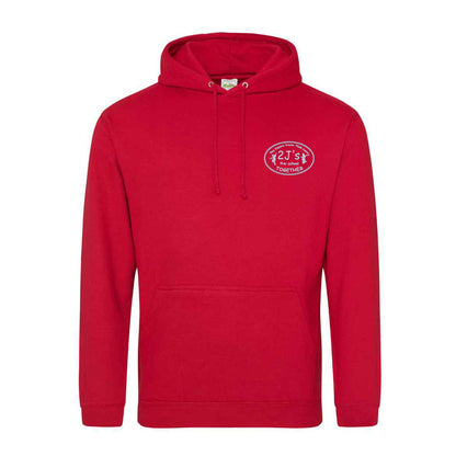 A red pullover hoodie with a drawstring hood and a front kangaroo pocket, featuring a white logo