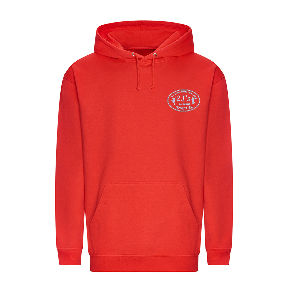 A bright red pullover hoodie with a small white logo background.