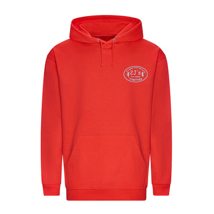A bright red pullover hoodie with a small white logo background.