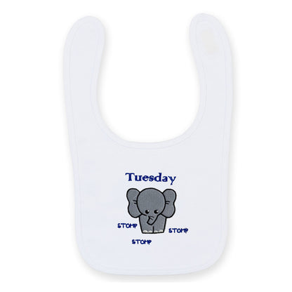 White bib with a gray elephant and 'Tuesday' text 