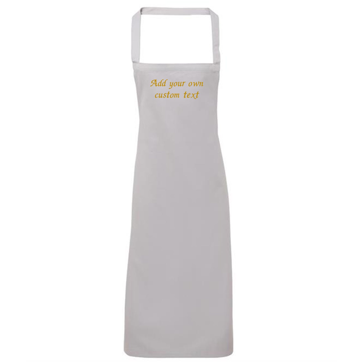 White apron with text 'Add your own custom text' on a white background