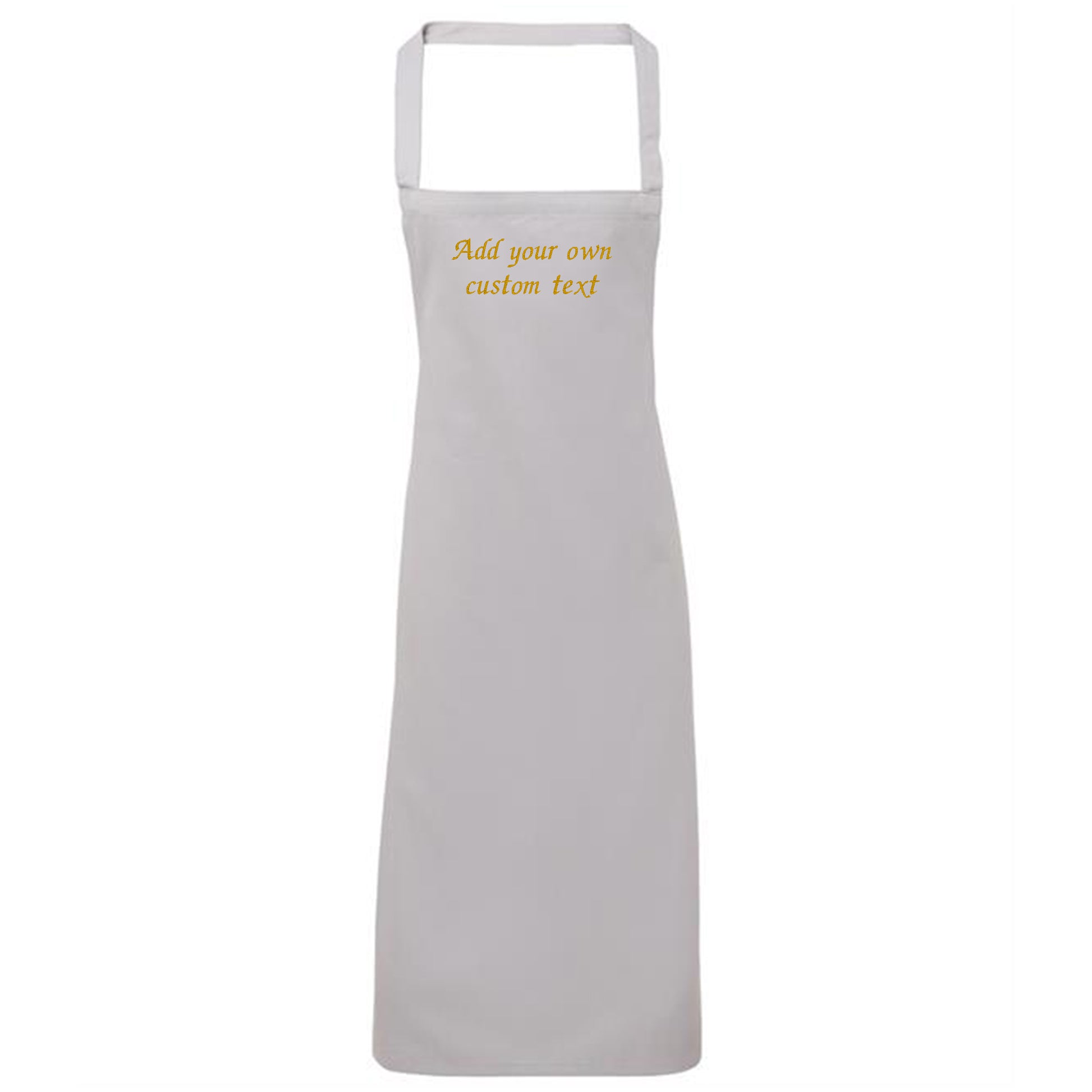 White apron with text 'Add your own custom text' on a white background