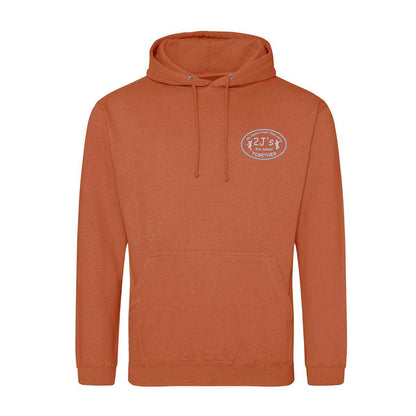 A burnt orange pullover hoodie with a drawstring hood and a kangaroo pocket, featuring a small white logo