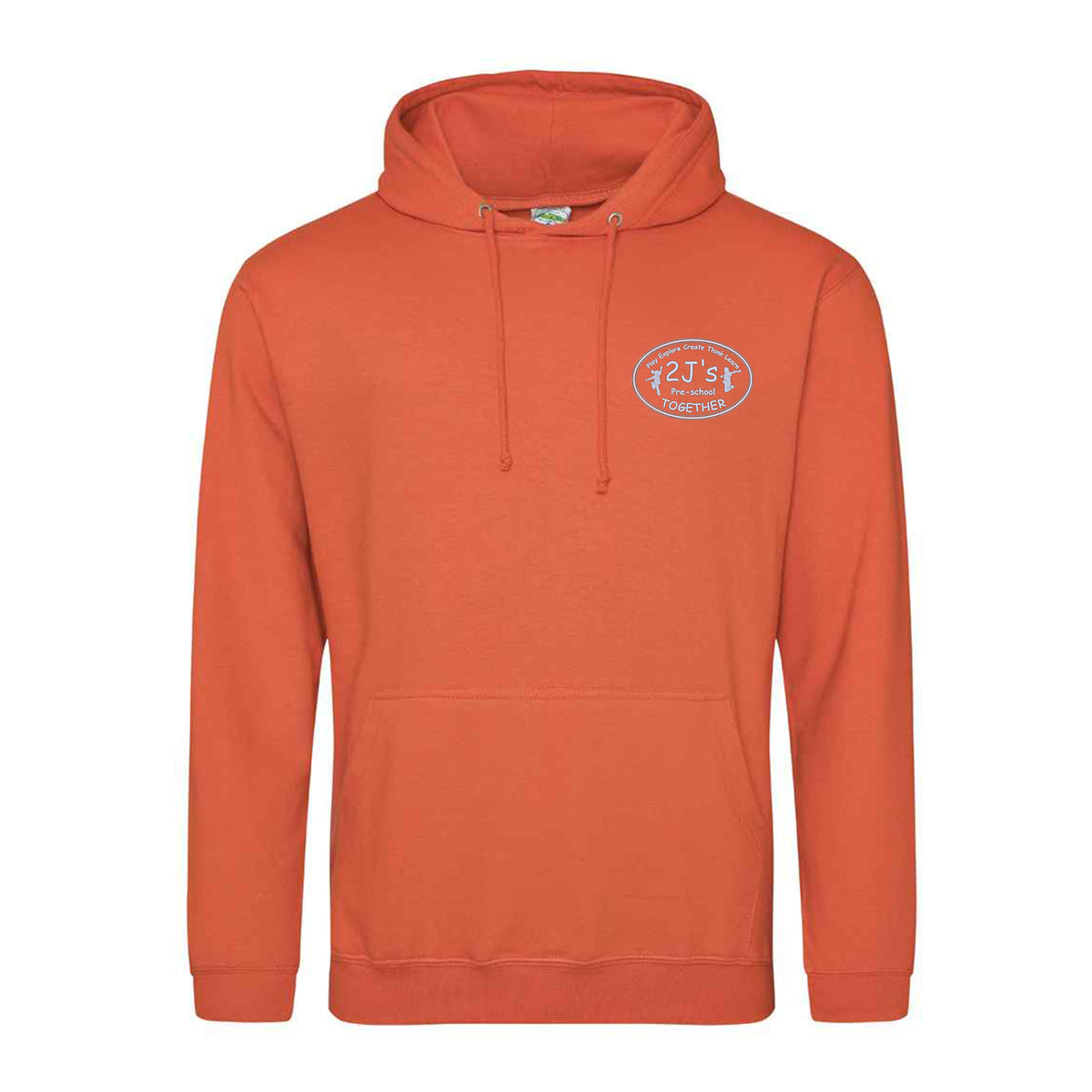 An orange pullover hoodie with a drawstring hood and a kangaroo pocket, featuring a white logo
