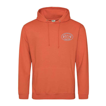 An orange pullover hoodie with a drawstring hood and a kangaroo pocket, featuring a white logo