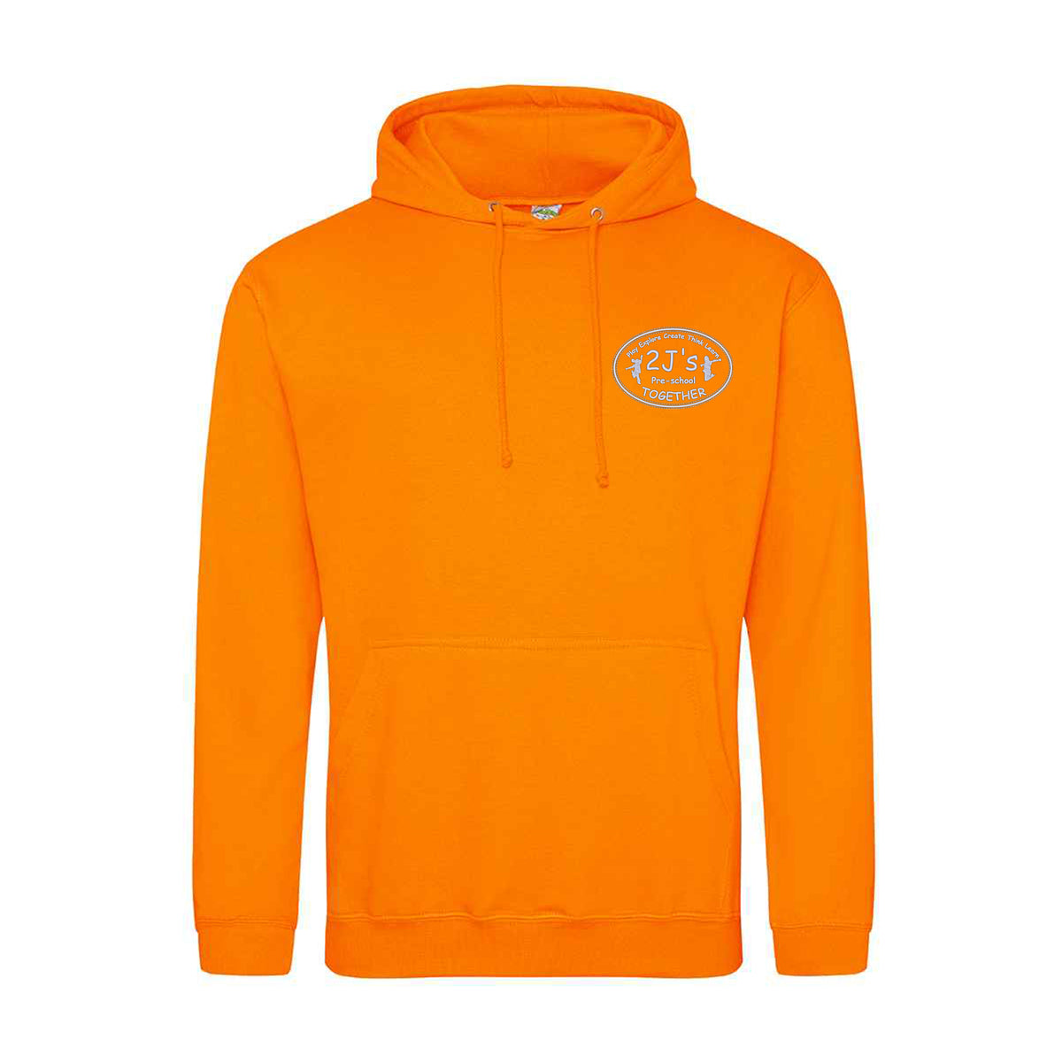 A bright orange pullover hoodie with a drawstring hood, kangaroo pocket, and a small oval logo