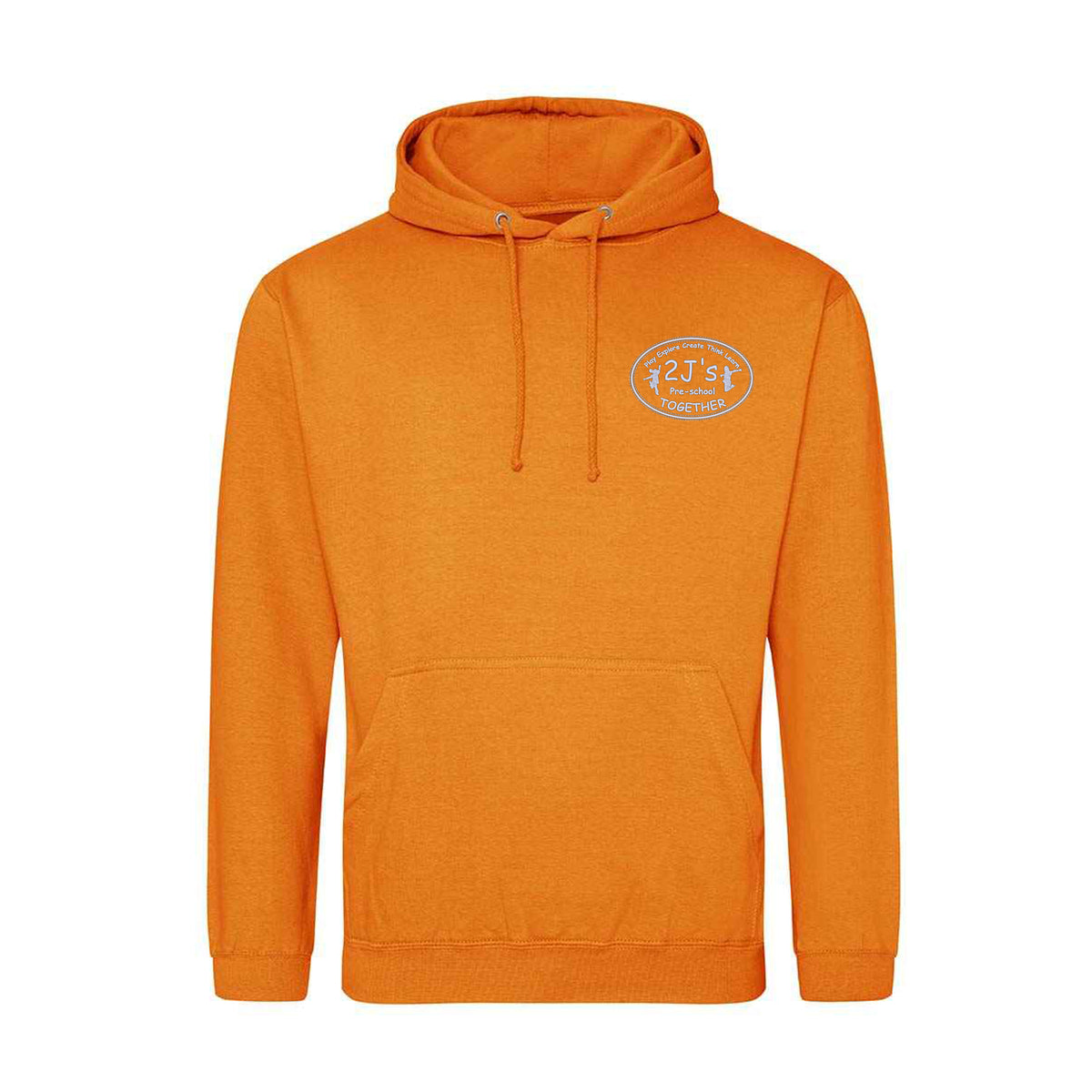 An orange pullover hoodie with a drawstring hood and a kangaroo pocket, featuring a logo