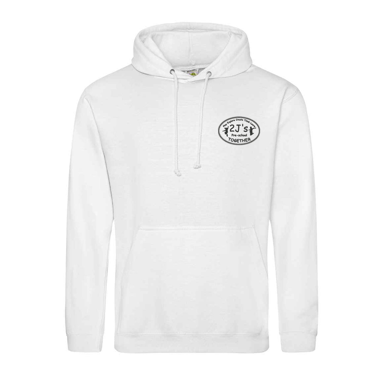 A white pullover hoodie with a drawstring hood and kangaroo pocket, featuring a circular black and white graphic on the left chest