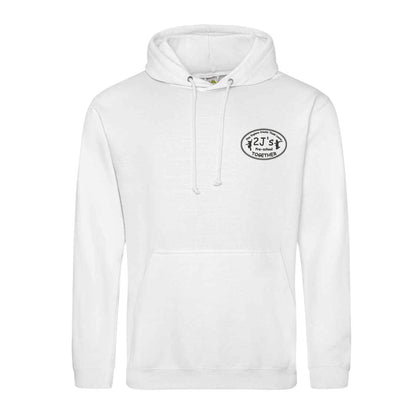 A white pullover hoodie with a drawstring hood and kangaroo pocket, featuring a circular black and white graphic on the left chest