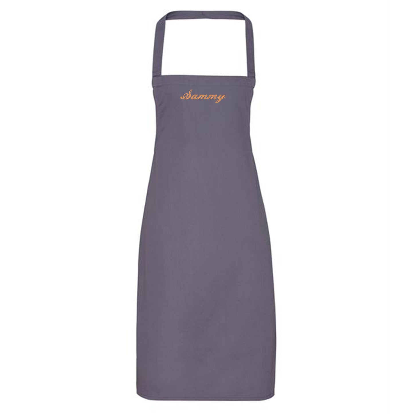 Gray apron with 'Sammy' embroidered on a white background