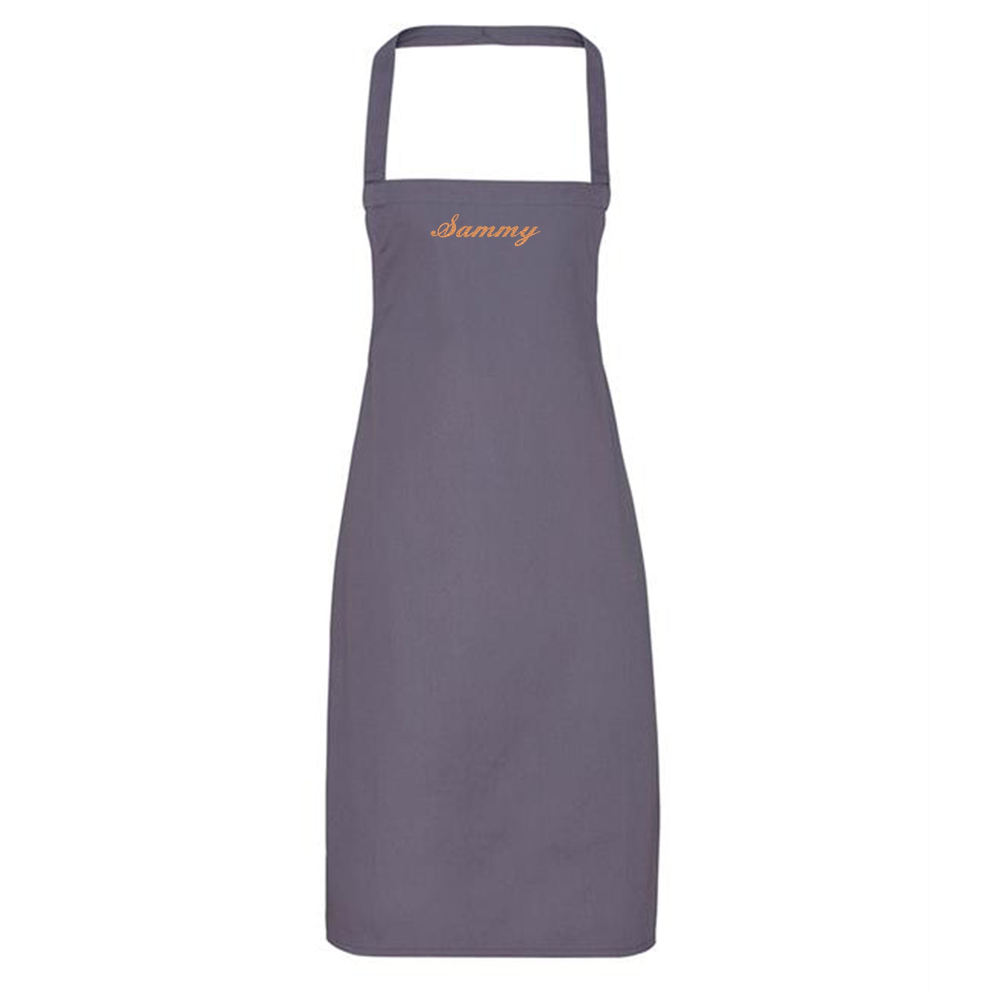 Gray apron with 'Sammy' embroidered on a white background