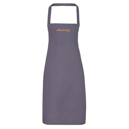 Gray apron with 'Sammy' embroidered on a white background
