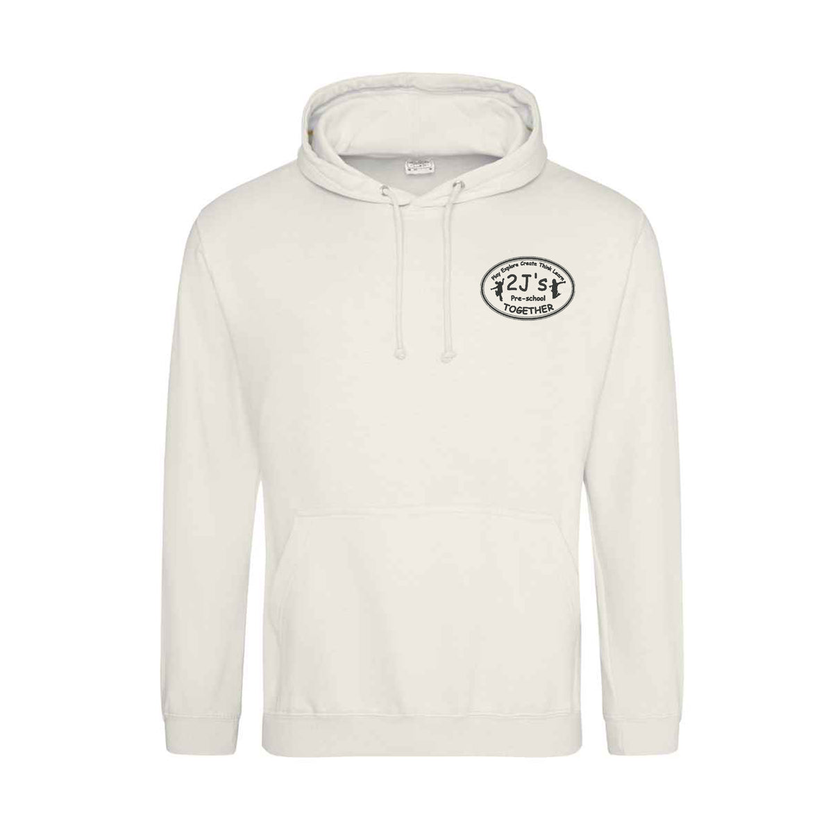 An off-white pullover hoodie with a drawstring hood and a kangaroo pocket, featuring a circular black logo