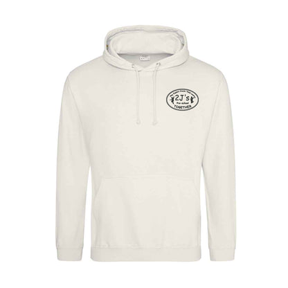 An off-white pullover hoodie with a drawstring hood and a kangaroo pocket, featuring a circular black logo