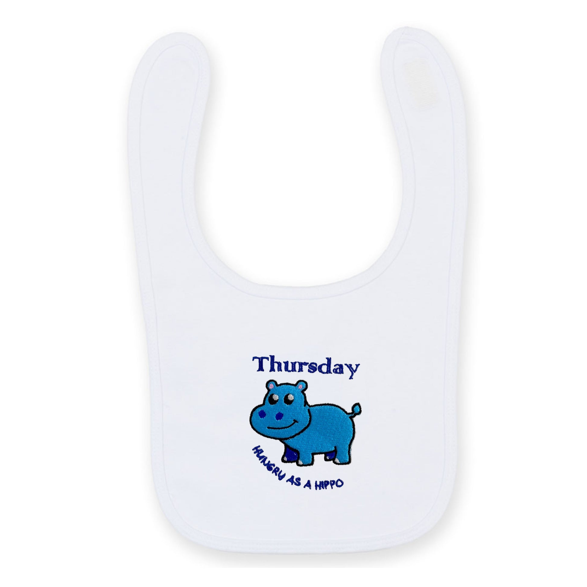 White bib with blue hippo design and text 