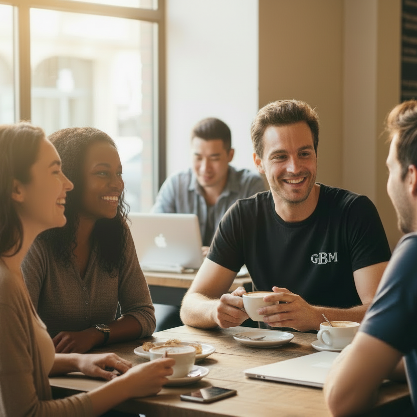 Group of people sitting around a table in a casual setting, smiling and interacting.