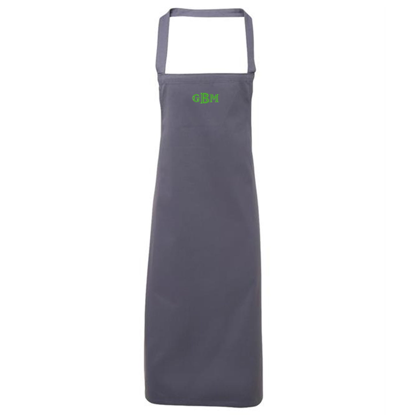 Gray apron with green logo on a white background
