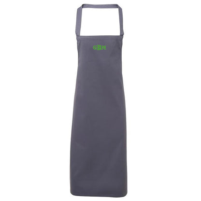 Gray apron with green logo on a white background