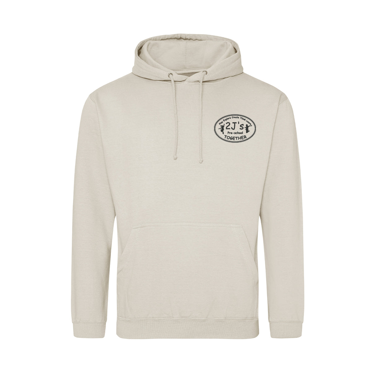 A light beige pullover hoodie with a drawstring hood and a kangaroo pocket, featuring a circular black logo