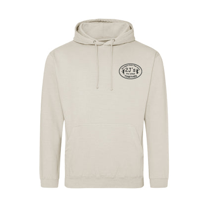A light beige pullover hoodie with a drawstring hood and a kangaroo pocket, featuring a circular black logo