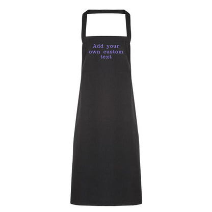 Black apron with text 'Add your own custom text' on a white background