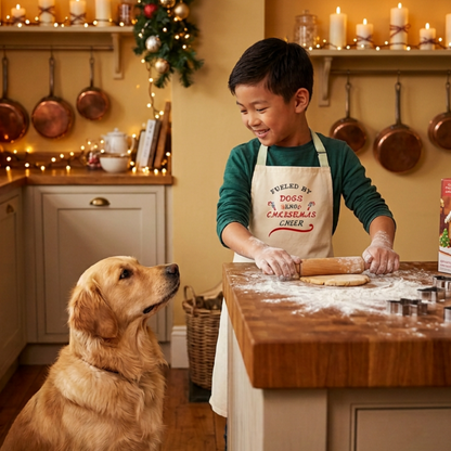 A young boy wearing a green shirt and an apron that reads 'FUELED BY DOGS AND CHRISTMAS CHEER' rolls out dough on a wooden kitchen island while a golden retriever dog watches him. The kitchen is decorated for Christmas with copper pots, candles, and warm lighting.
