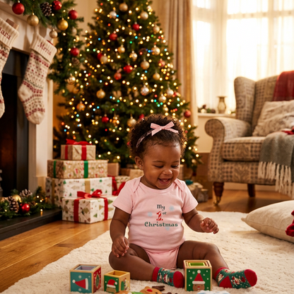 A toddler girl wearing a pink 'It's My 1st Christmas' bodysuit sits on a white shag rug in a cozy living room decorated for Christmas, surrounded by toys, a decorated tree, and wrapped gifts.