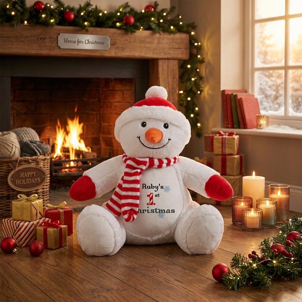 A white plush snowman toy sits on a wooden floor in a cozy holiday living room. The snowman wears a red and white striped scarf with the personalized name 'Ruby's 1st Christmas' printed on the front, along with a red Santa hat.
