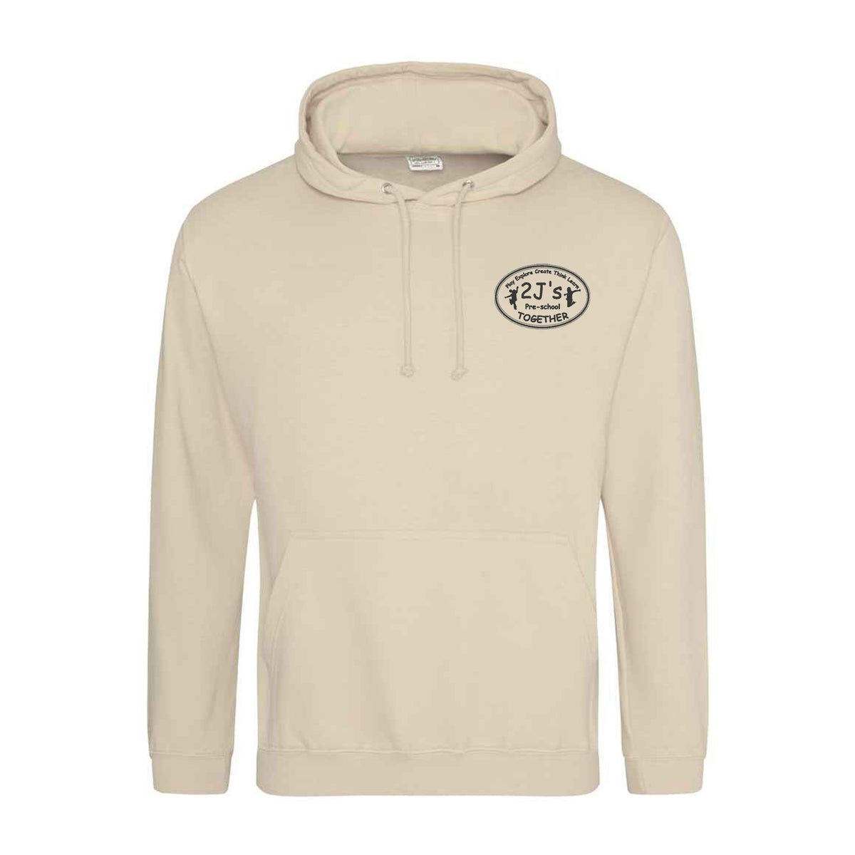 A light beige pullover hoodie with a drawstring hood and a kangaroo pocket, featuring a black logo