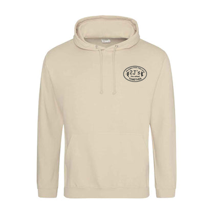 A light beige pullover hoodie with a drawstring hood and a kangaroo pocket, featuring a black logo