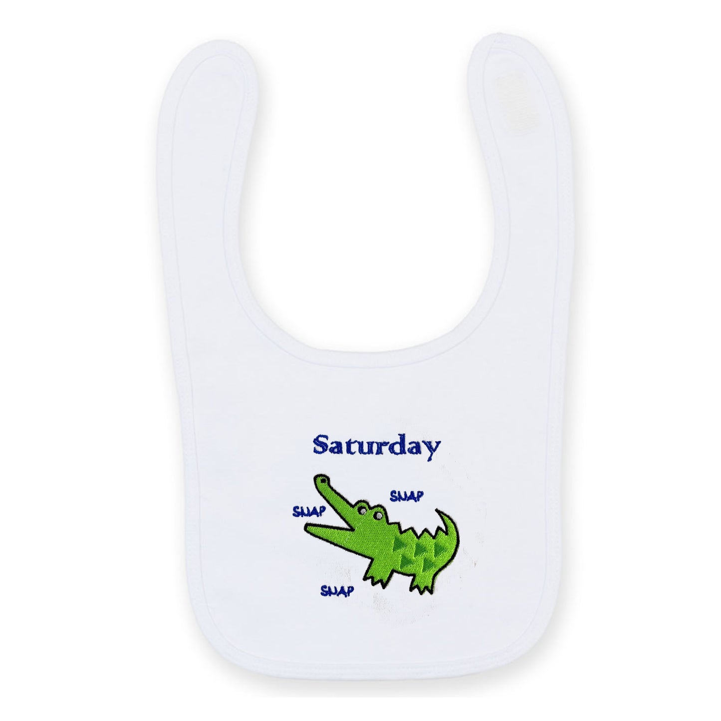White bib with a green alligator and text on a white background