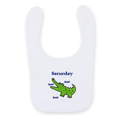 White bib with a green alligator and text on a white background