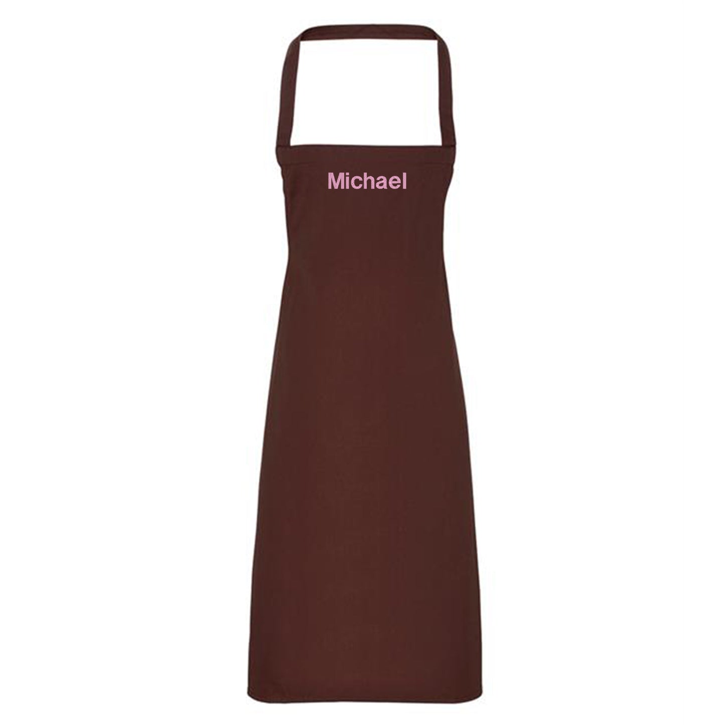 Brown apron with 'Michael' embroidered on a white background