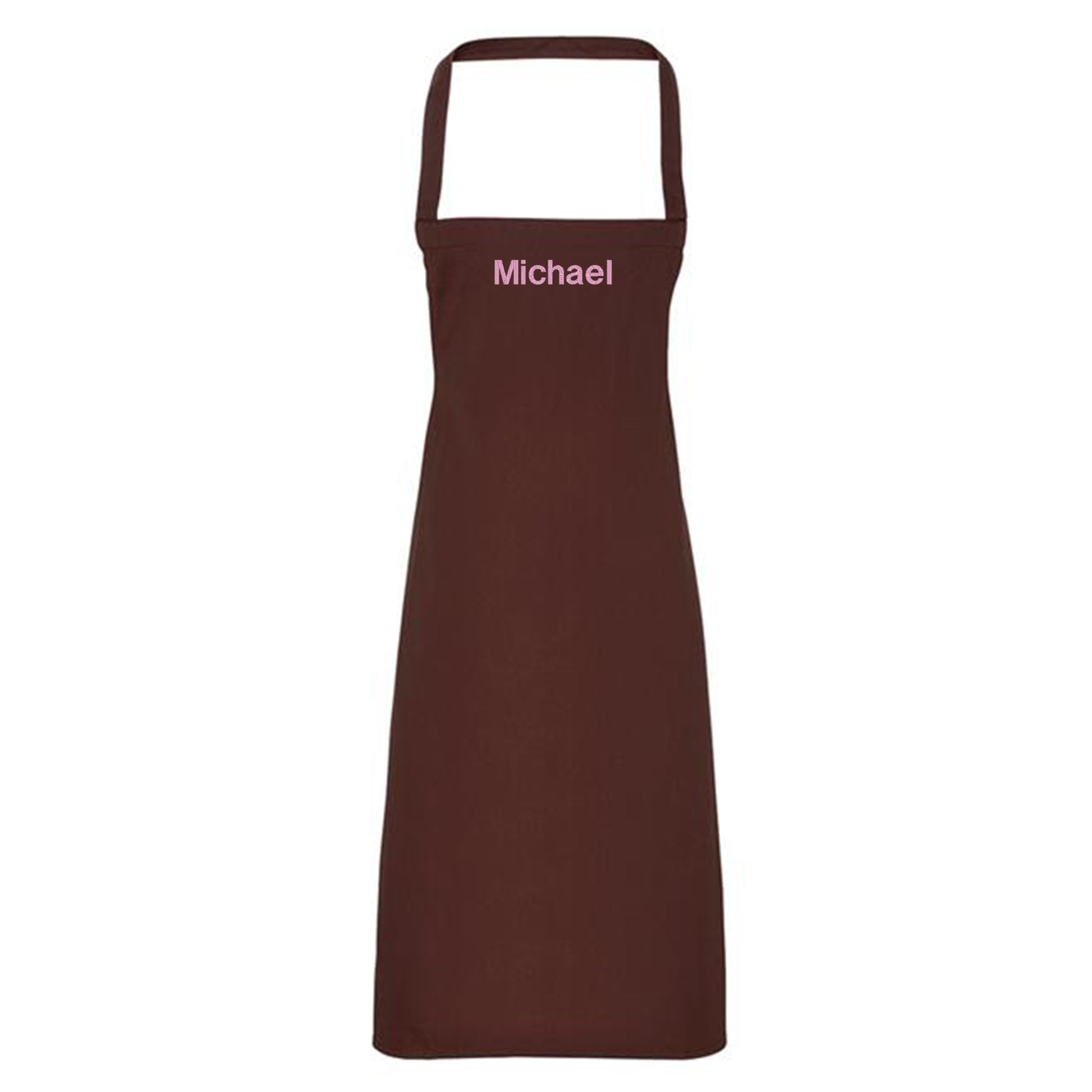 Brown apron with 'Michael' embroidered on a white background