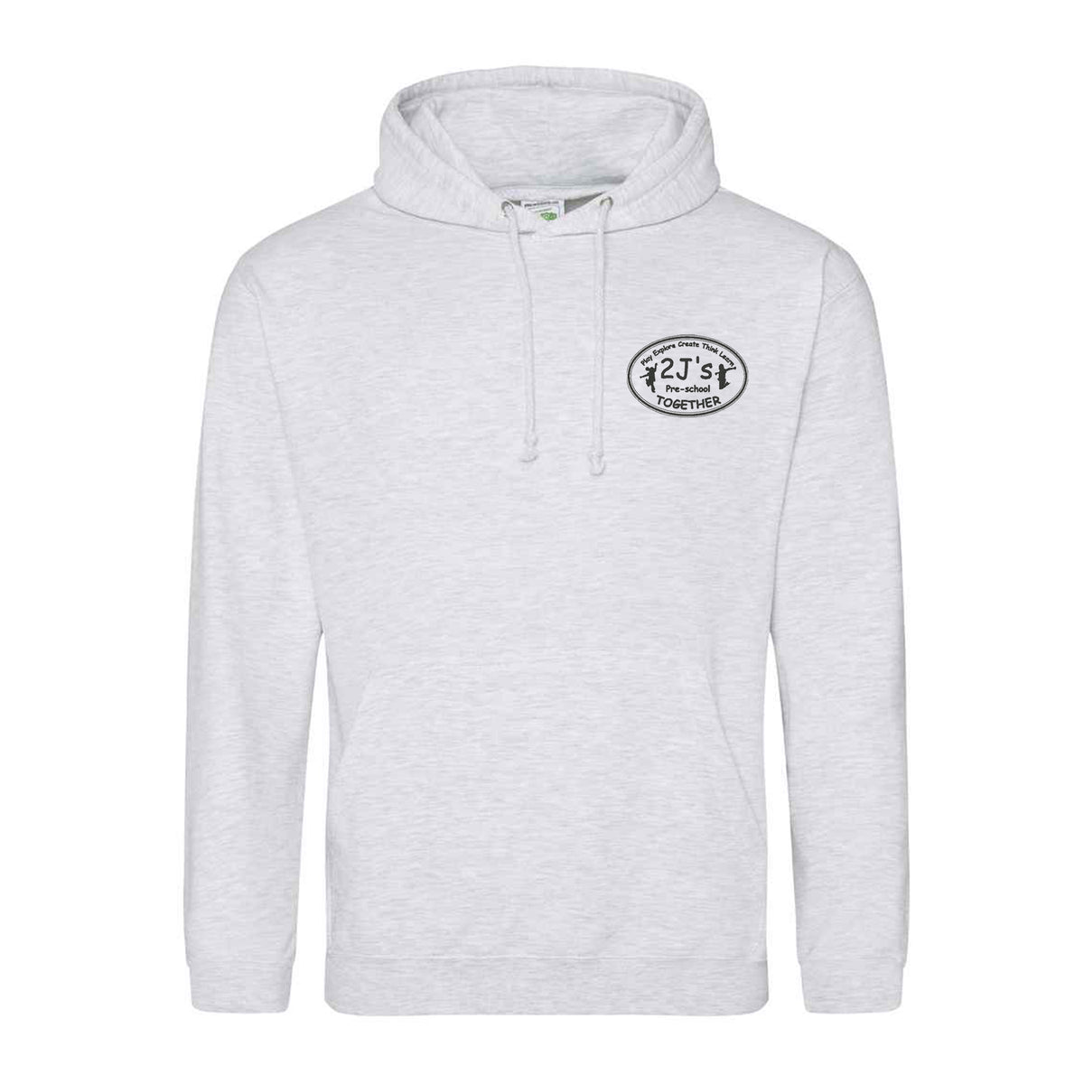 A light heather gray pullover hoodie with a drawstring hood and a small black oval graphic printed on the left chest, displayed against a solid white background.
