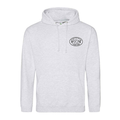 A light heather gray pullover hoodie with a drawstring hood and a small black oval graphic printed on the left chest, displayed against a solid white background.