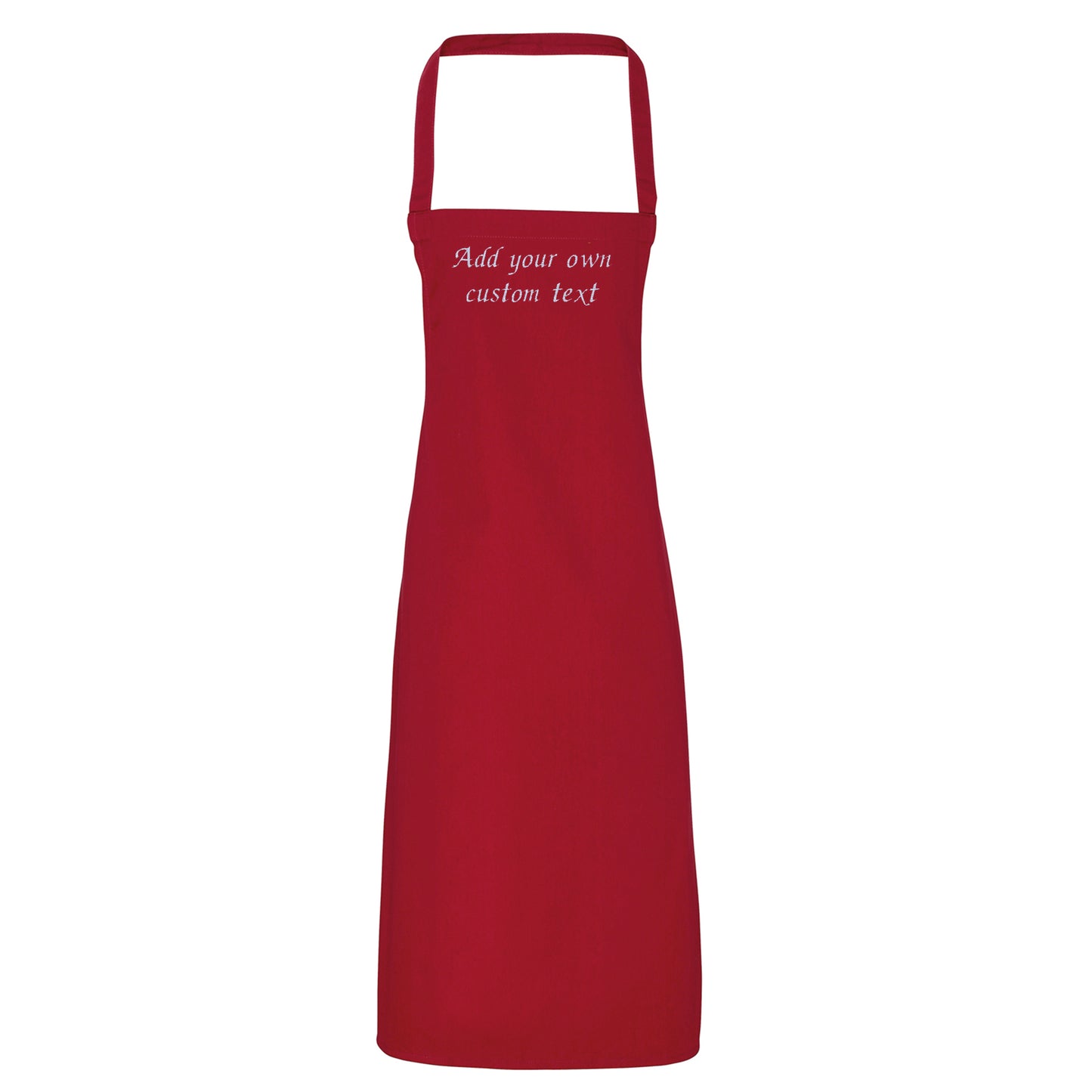 Red apron with text 'Add your own custom text' on a white background